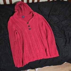 Basic Editions Red Cowl Neck Sweater with Chunky Knit and Hood